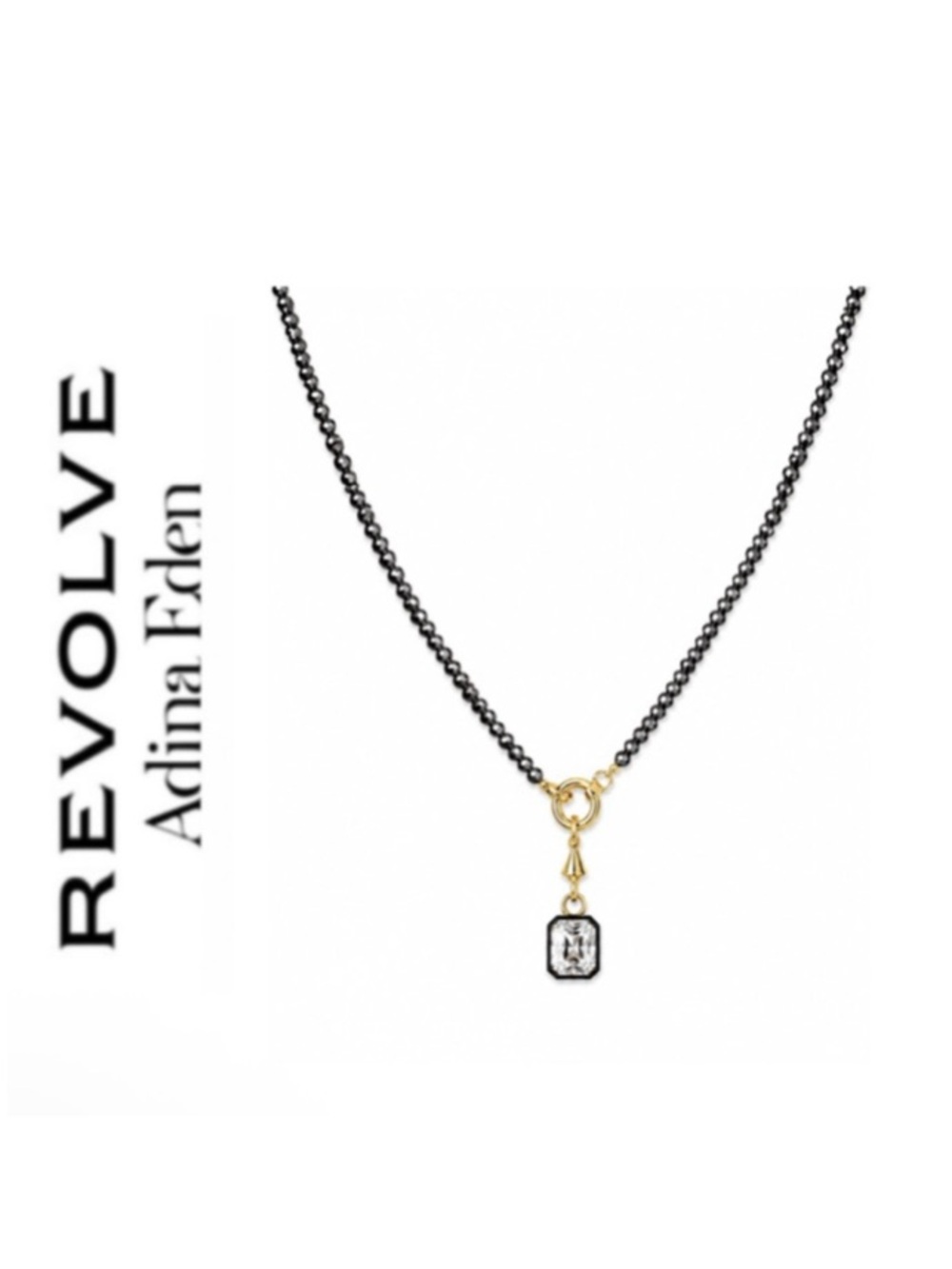 Revolve x Adina Eden Faceted Gunmetal Hematite Beaded Necklace Emerald CZ Charm